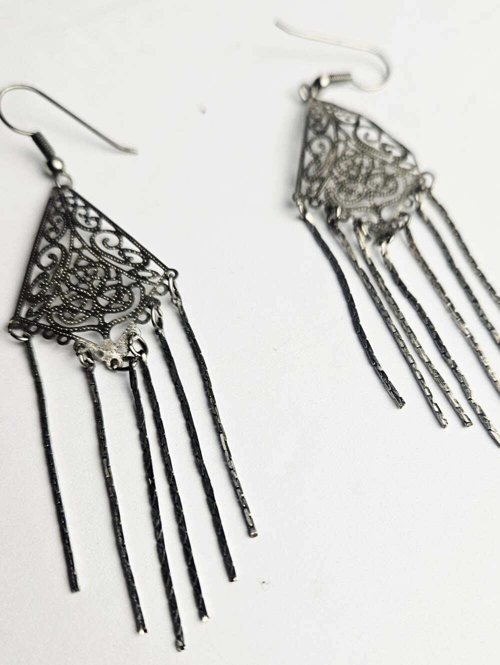 Vintage Dark Silver Filigree Fringe Tassel Chandelier Dangle Earrings Boho Goth